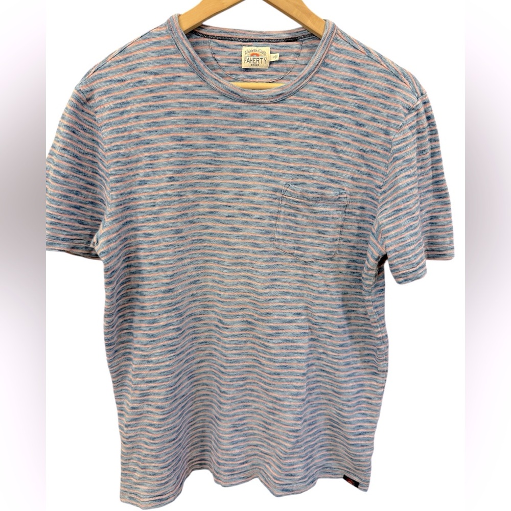 Faherty Striped Short Sleeve Pocket Tee in Blue and Pink